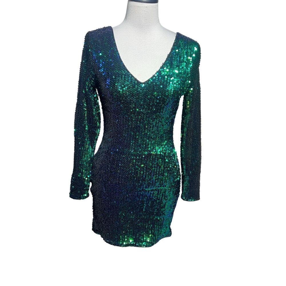 Long Sleeve Emerald Sequin Mini Dress Party Bodycon Dress Small - Picture 1 of 4